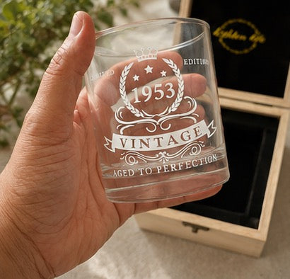 Personalised 1953 Vintage Whiskey Glass with Premium Wooden Gift Box | 72nd Birthday Gift for Men | Engraved Scotch & Bourbon Tumbler