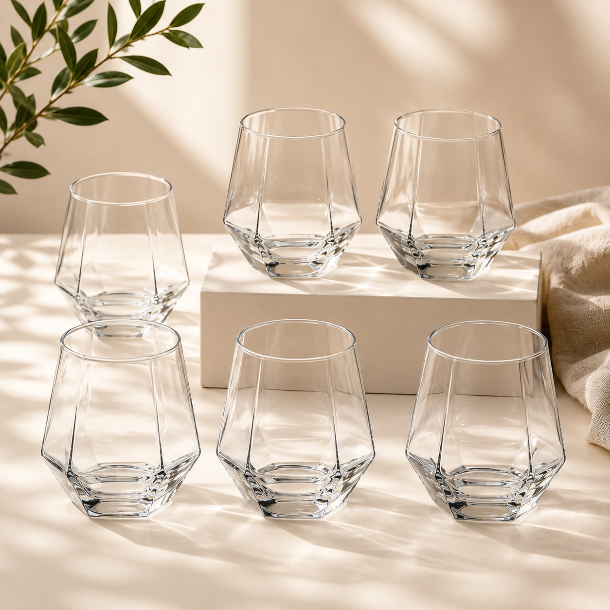 Hexagonal Crystal Glass Tumbler Set – 6 Piece Modern Drinking Glasses (310ml)