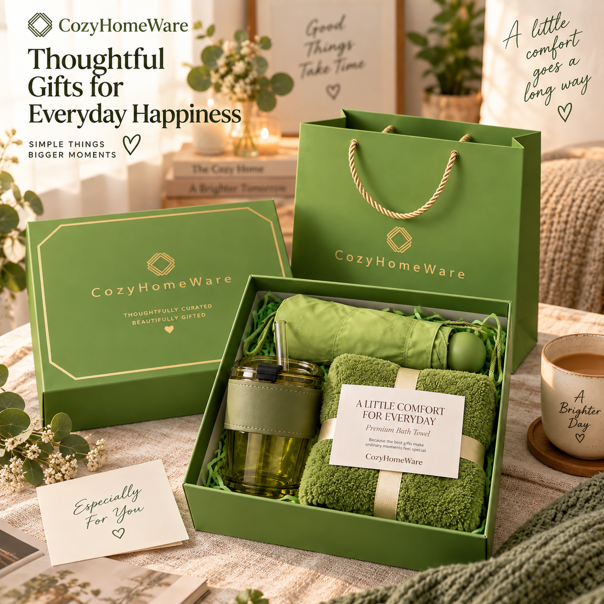 CozyHomeWare Thoughtful Gift Set – 500ml Tumbler, Premium Soft Towel & Compact Umbrella with Luxury Gift Box & Bag