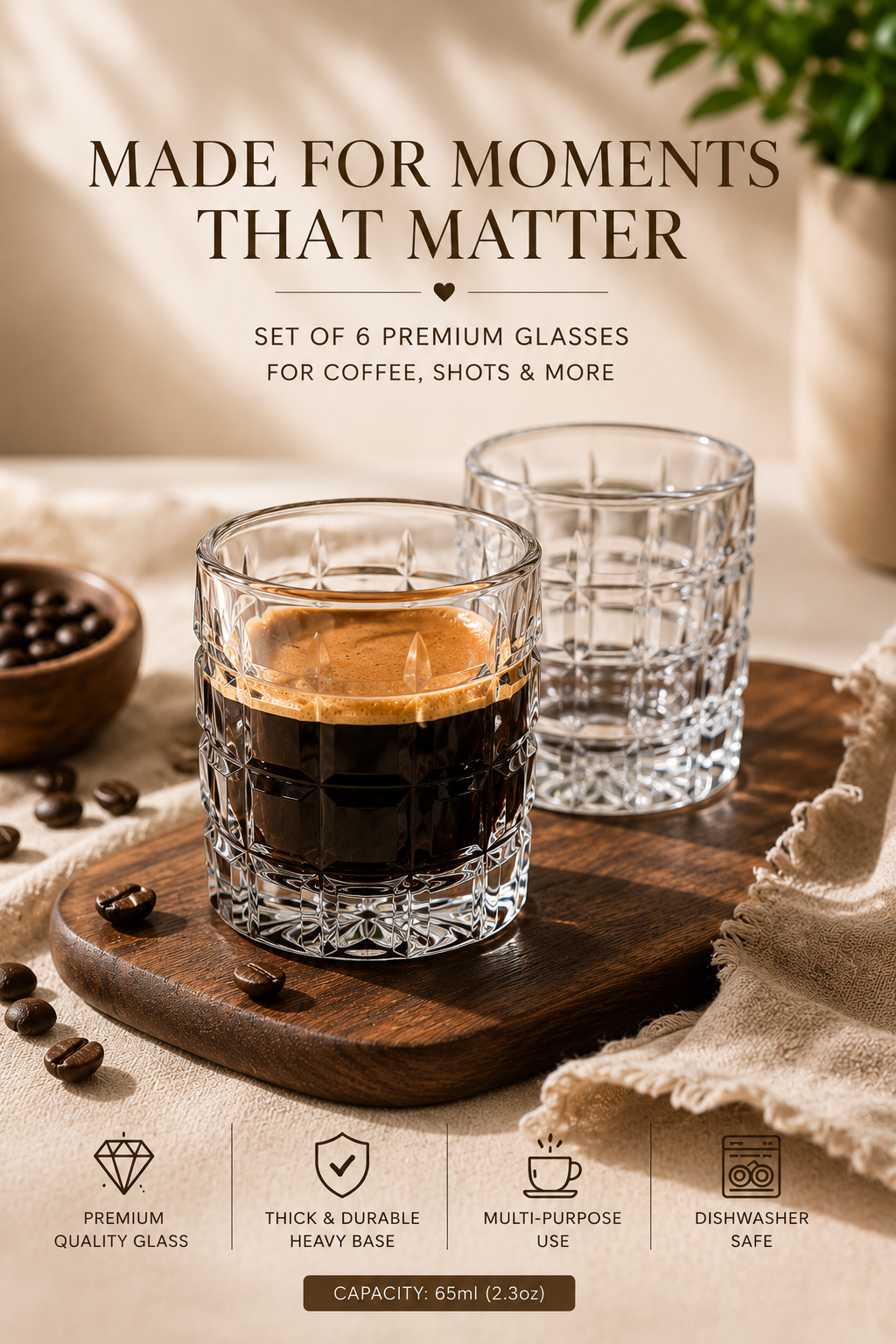 Premium Espresso Shot Glasses Set of 6 – 65ml Crystal Clear Glass Cups for Espresso, Turkish Coffee & Liqueurs