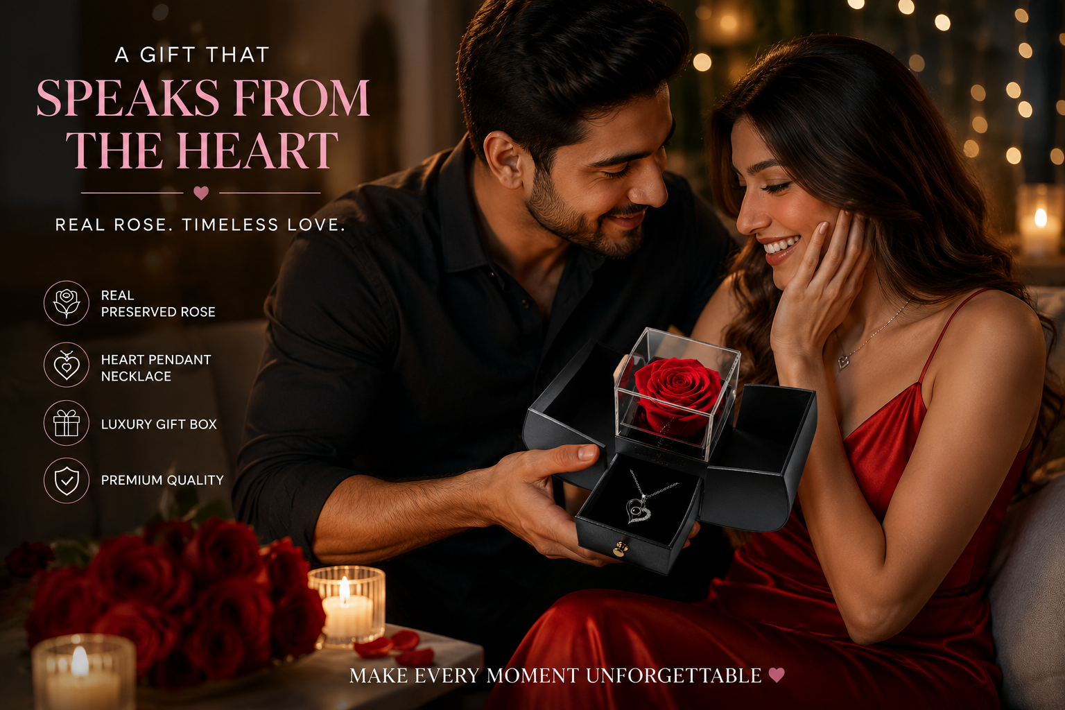 Eternal Rose Gift Box with Heart Pendant Necklace | Luxury Romantic Gift for Her | Anniversary, Birthday & Valentine’s Day