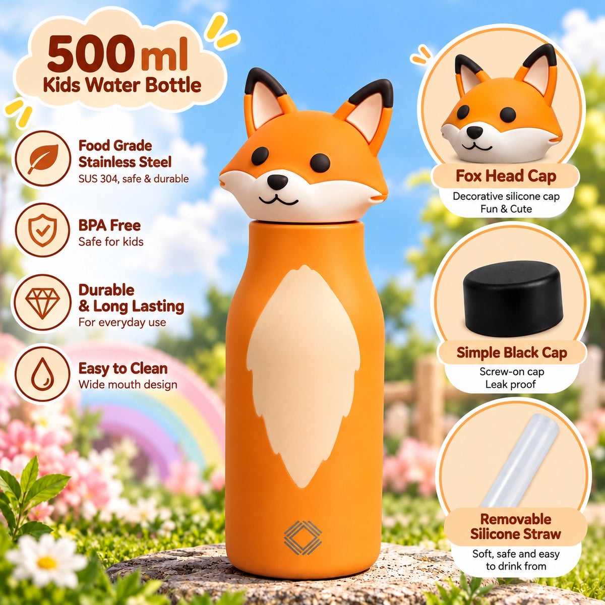 Cute Animal Kids Water Bottle 500ml | Stainless Steel Drinking Bottle with 3D Animal Head Cap