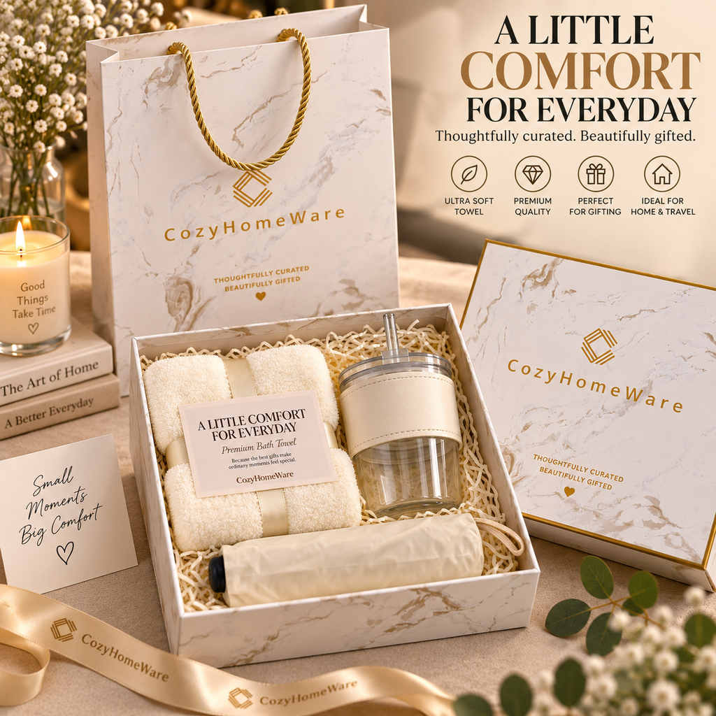 CozyHomeWare Thoughtful Gift Set – 500ml Tumbler, Premium Soft Towel & Compact Umbrella with Luxury Gift Box & Bag
