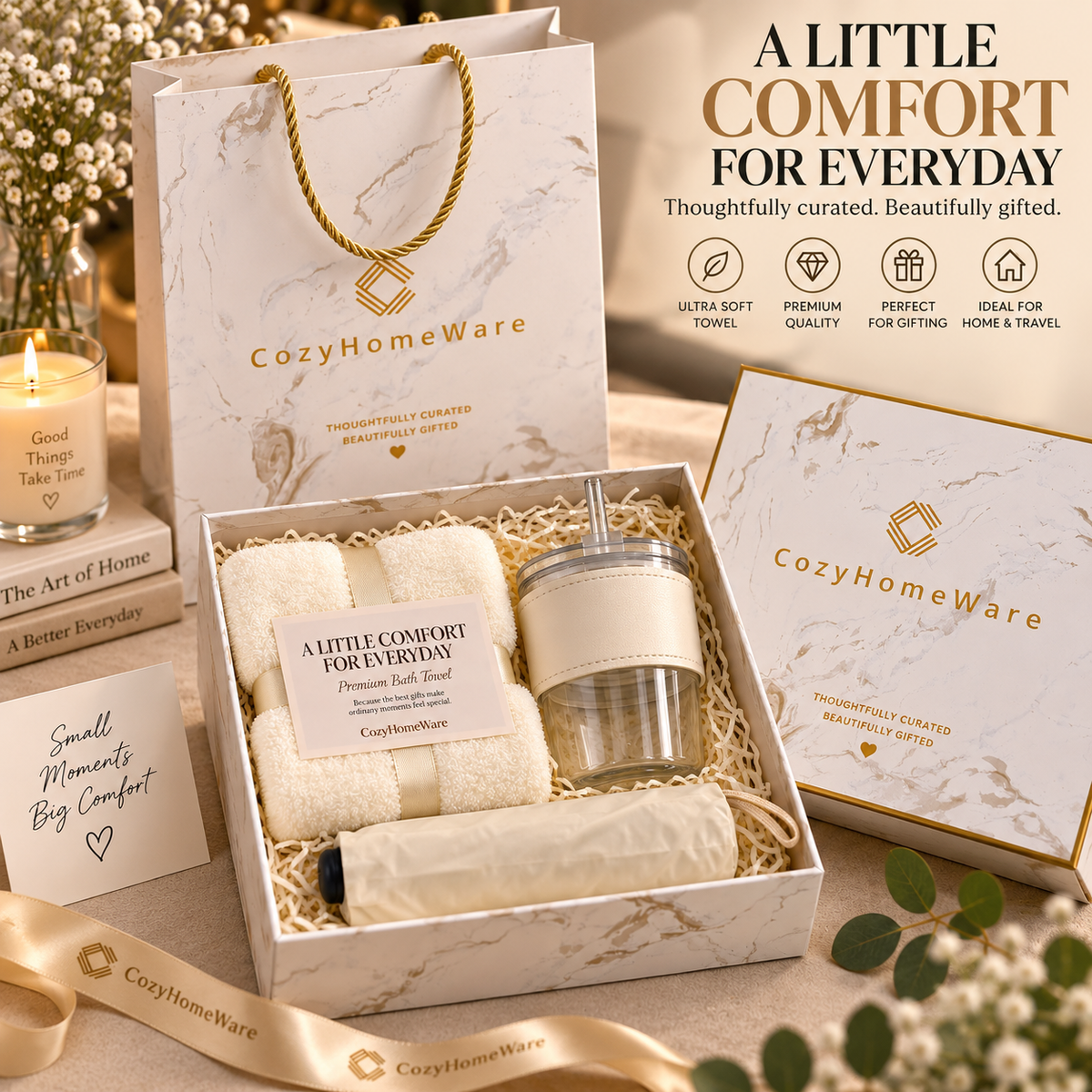 CozyHomeWare Thoughtful Gift Set – 500ml Tumbler, Premium Soft Towel & Compact Umbrella with Luxury Gift Box & Bag