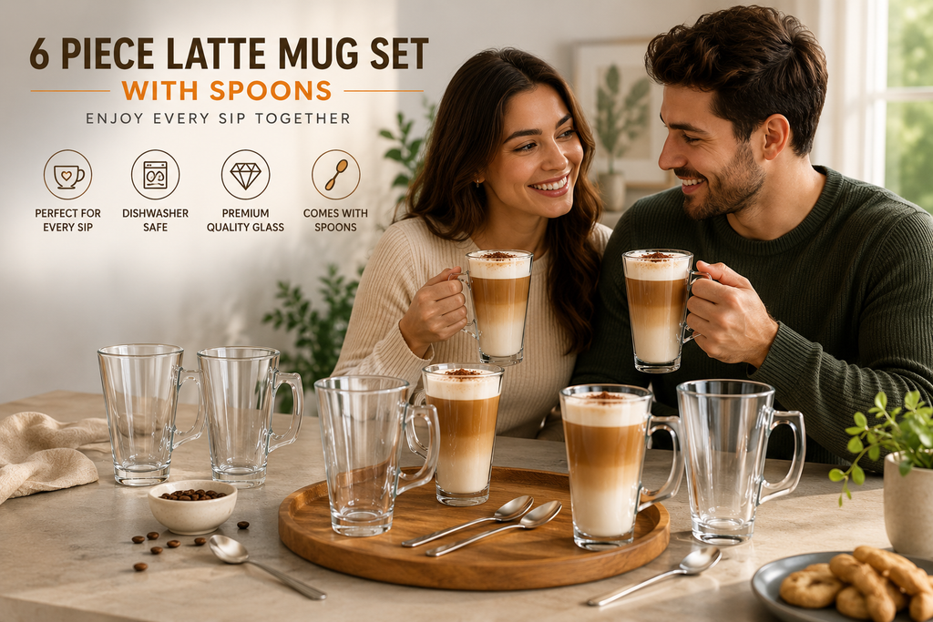 6 Piece Glass Latte Mug Set with Spoons | Premium Clear Coffee Glasses | Modern Tea, Latte & Cappuccino Cups | Dishwasher Safe | CozyHomeWare