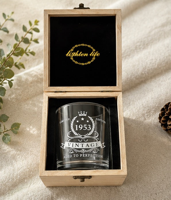 Personalised 1953 Vintage Whiskey Glass with Premium Wooden Gift Box | 72nd Birthday Gift for Men | Engraved Scotch & Bourbon Tumbler