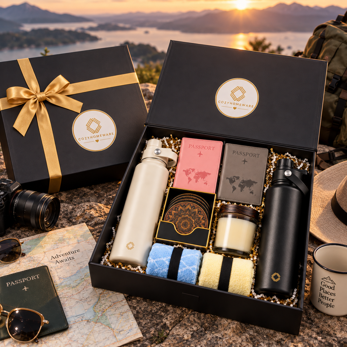 Adventure Together™ Gift Box Includes Flasks, Towels, Candle, Passport Holders and a Premium Magnetic Lid Gift Box