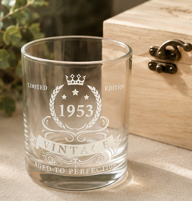 Personalised 1953 Vintage Whiskey Glass with Premium Wooden Gift Box | 72nd Birthday Gift for Men | Engraved Scotch & Bourbon Tumbler