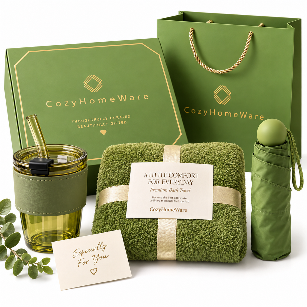CozyHomeWare Thoughtful Gift Set – 500ml Tumbler, Premium Soft Towel & Compact Umbrella with Luxury Gift Box & Bag