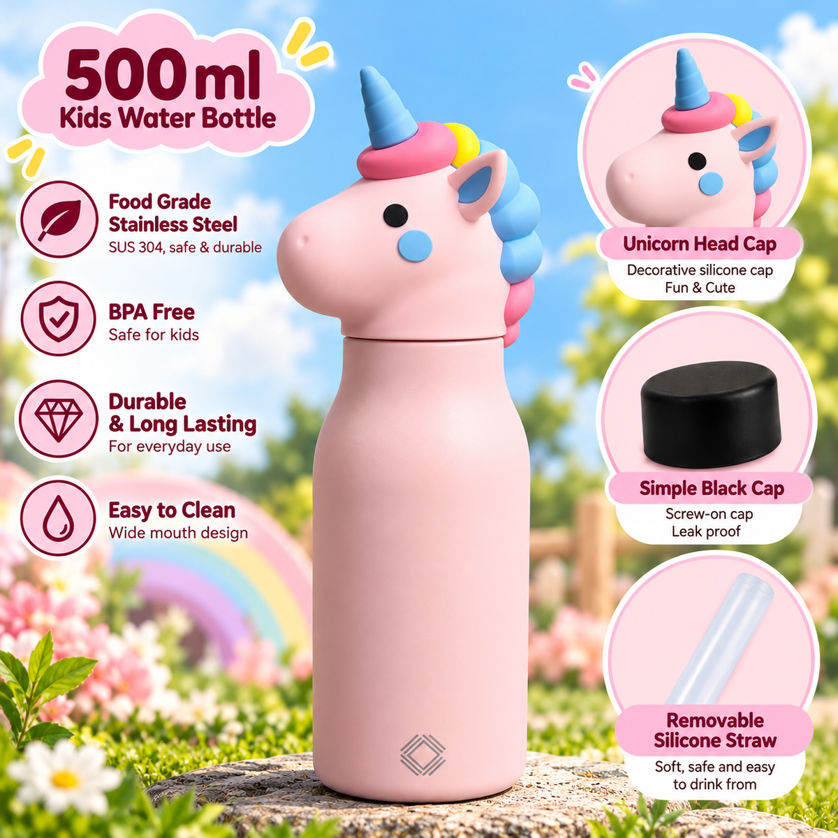 Cute Animal Kids Water Bottle 500ml | Stainless Steel Drinking Bottle with 3D Animal Head Cap