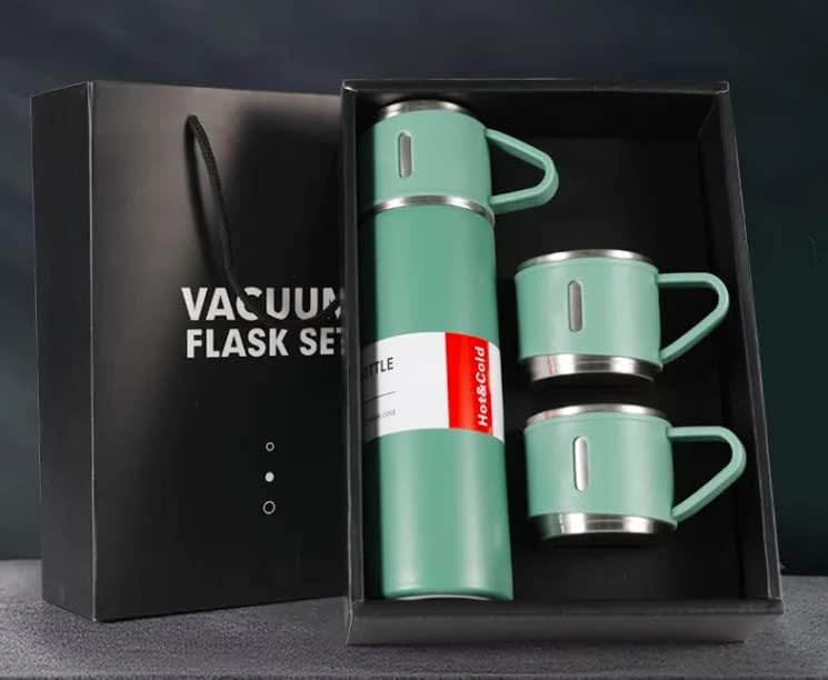 Vacuum Insulated Travel Flask Set with Extra cups Green
