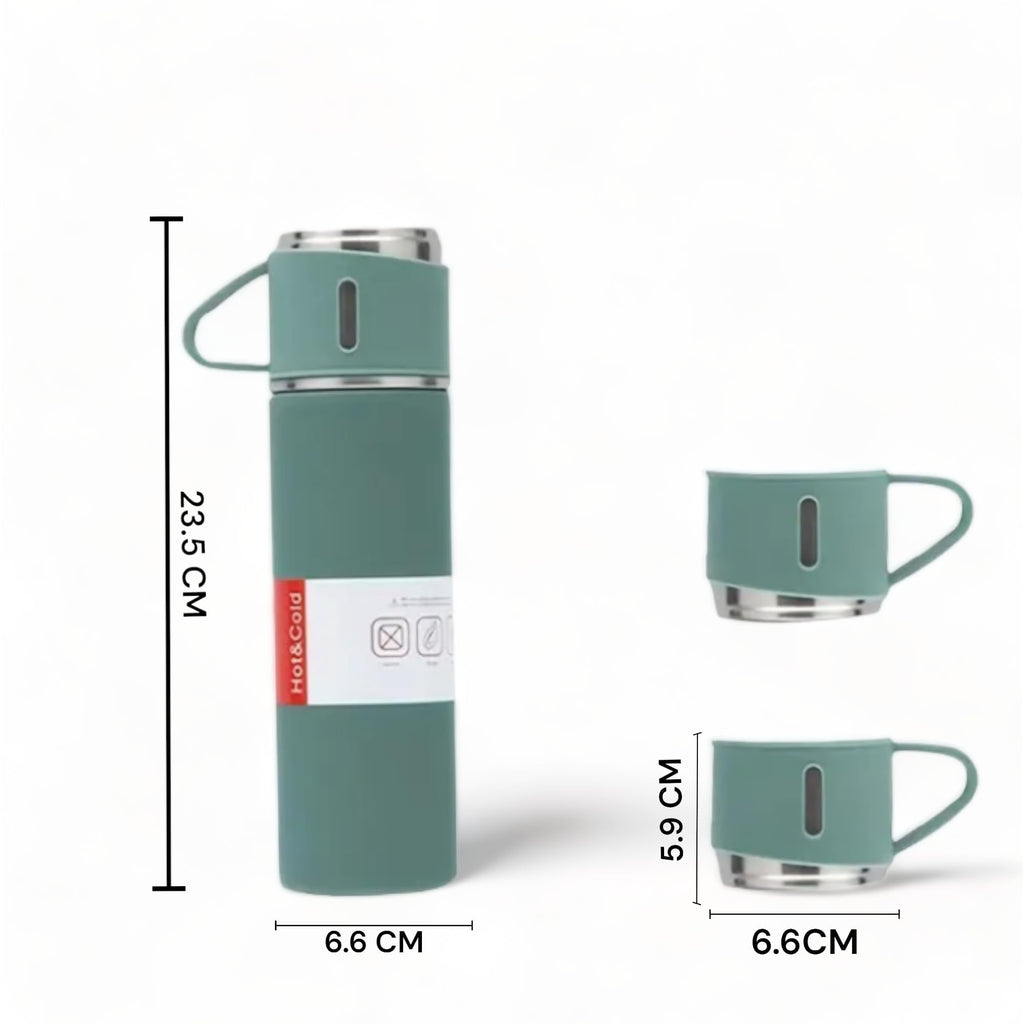 Vacuum Insulated Travel Flask Set with Extra cups Green