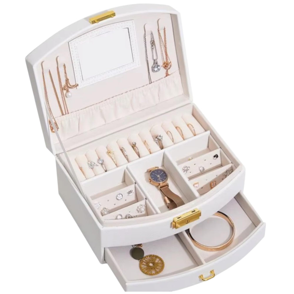 Portable Jewellery Box PU Leather Storage Case with Drawers, White