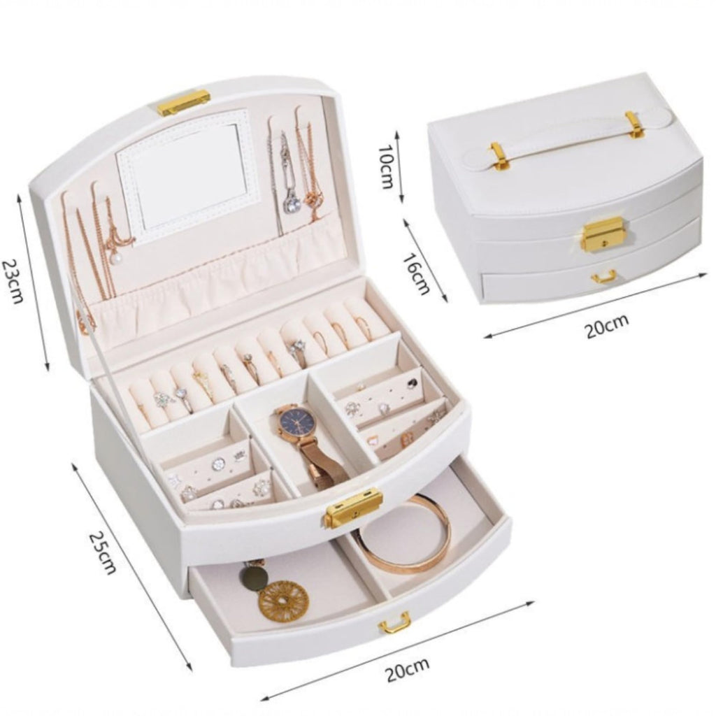 Portable Jewellery Box PU Leather Storage Case with Drawers, White