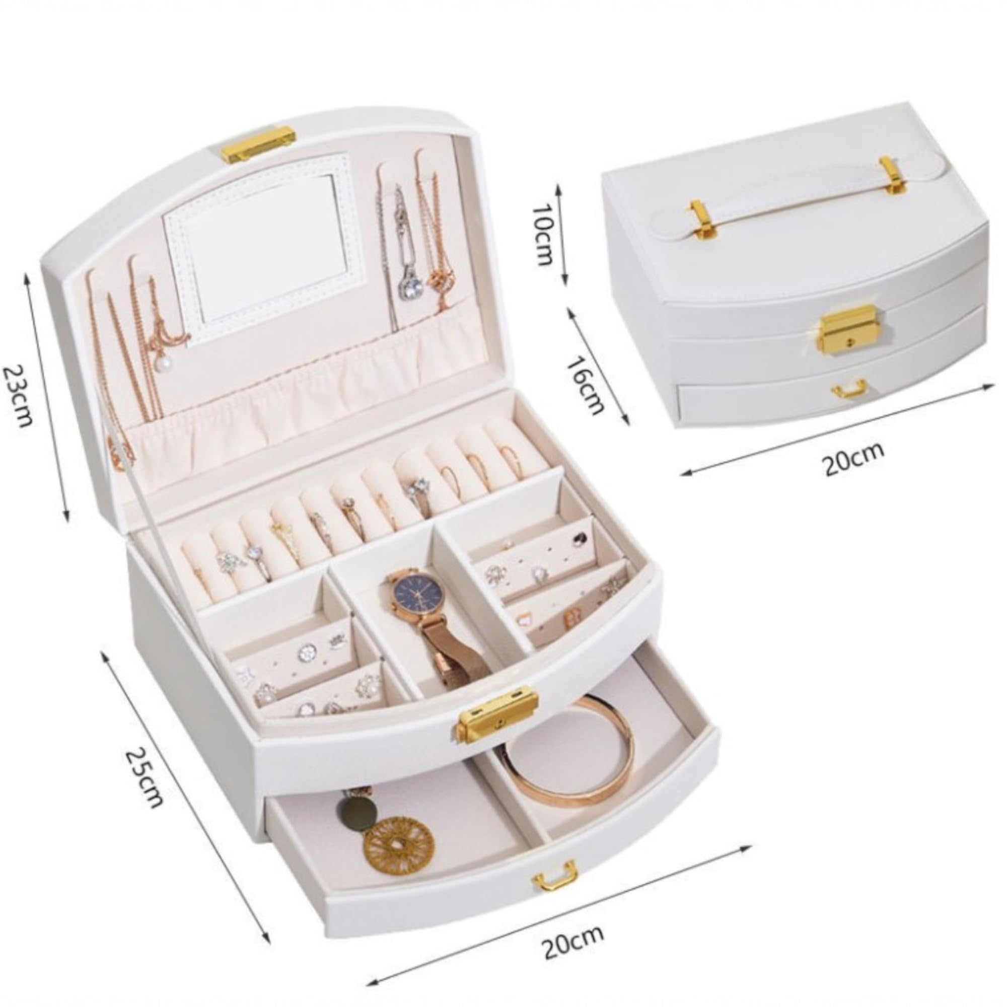 Portable Jewellery Box PU Leather Storage Case with Drawers, White