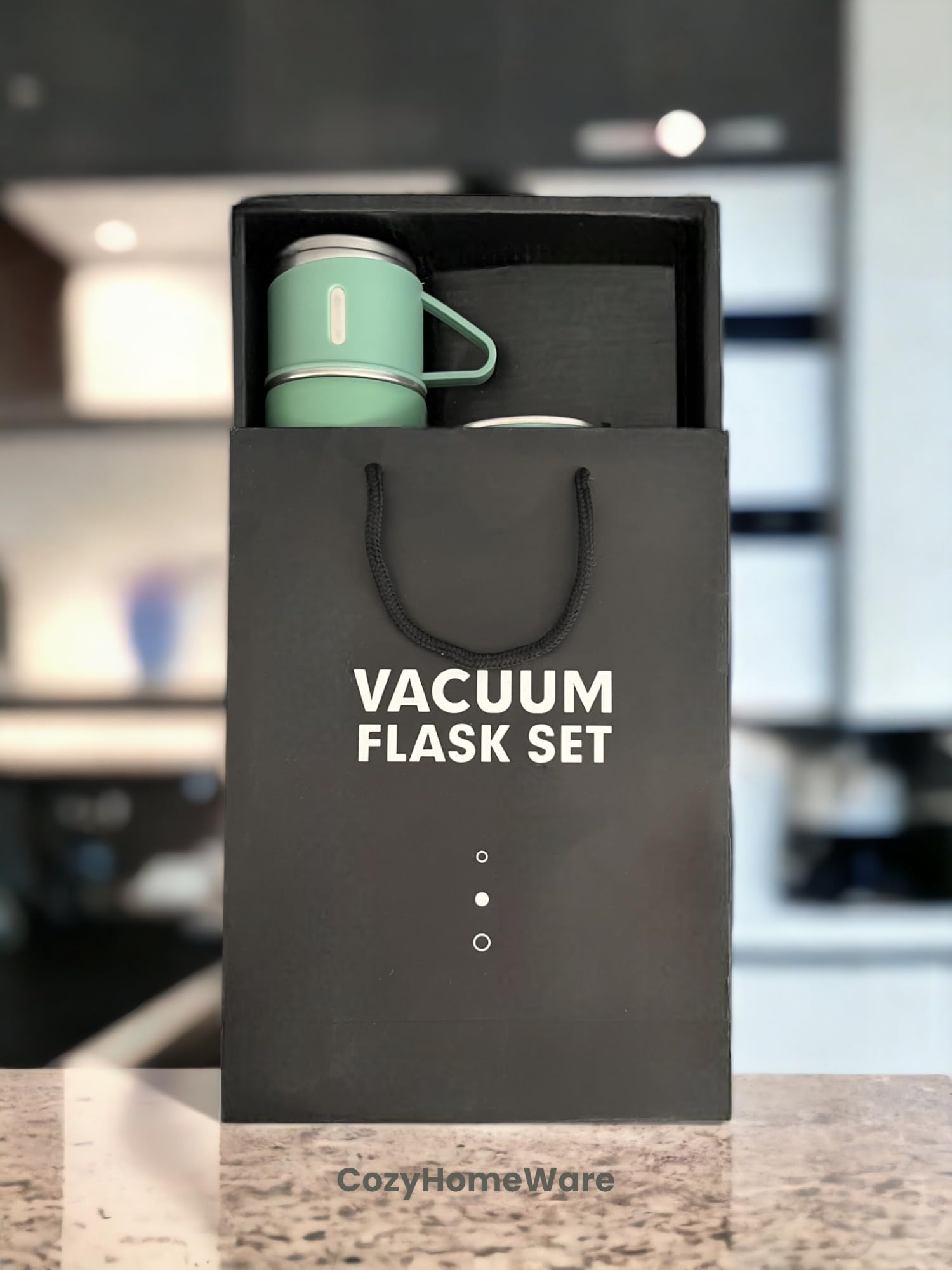 Vacuum Insulated Travel Flask Set with Extra cups Green