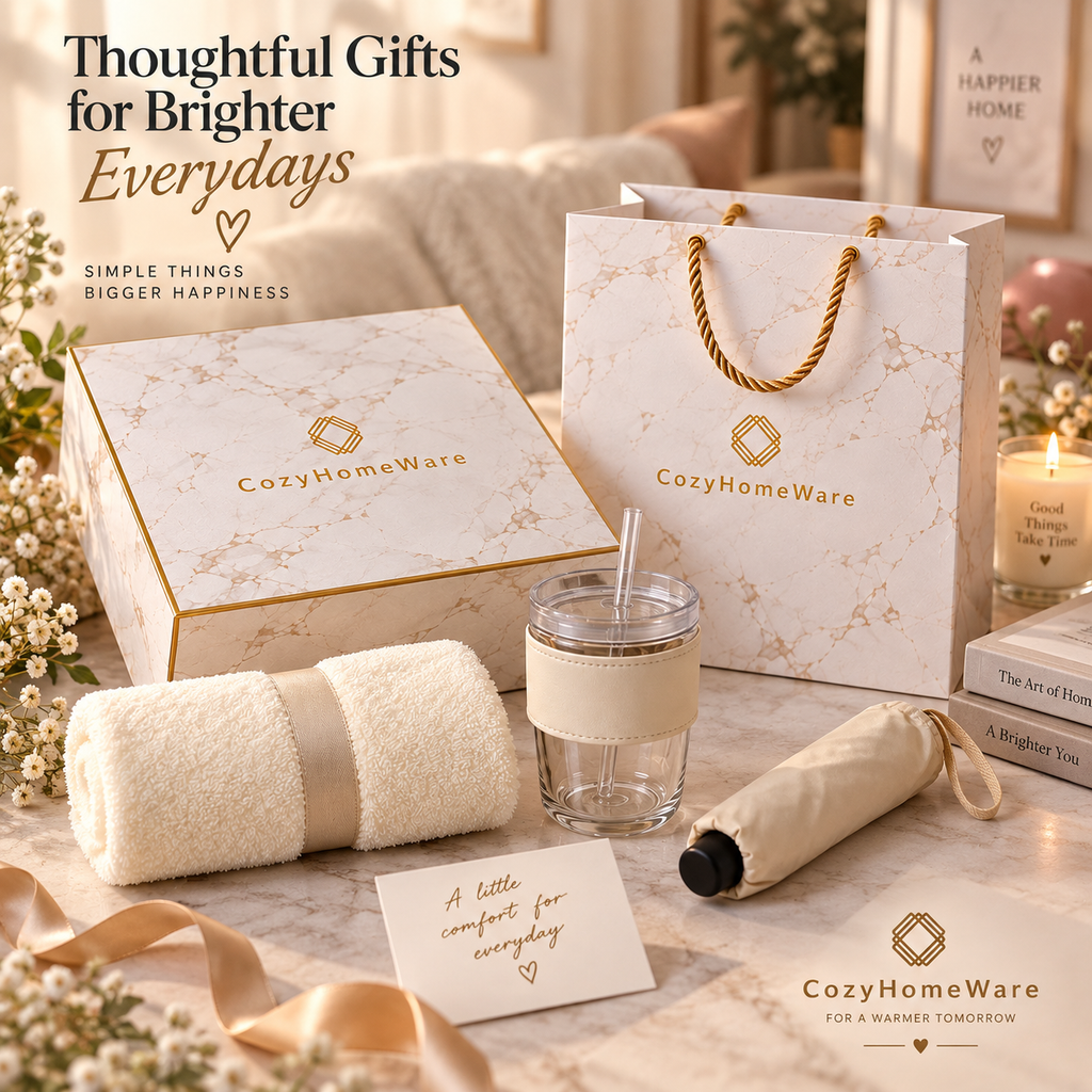 CozyHomeWare Thoughtful Gift Set – 500ml Tumbler, Premium Soft Towel & Compact Umbrella with Luxury Gift Box & Bag