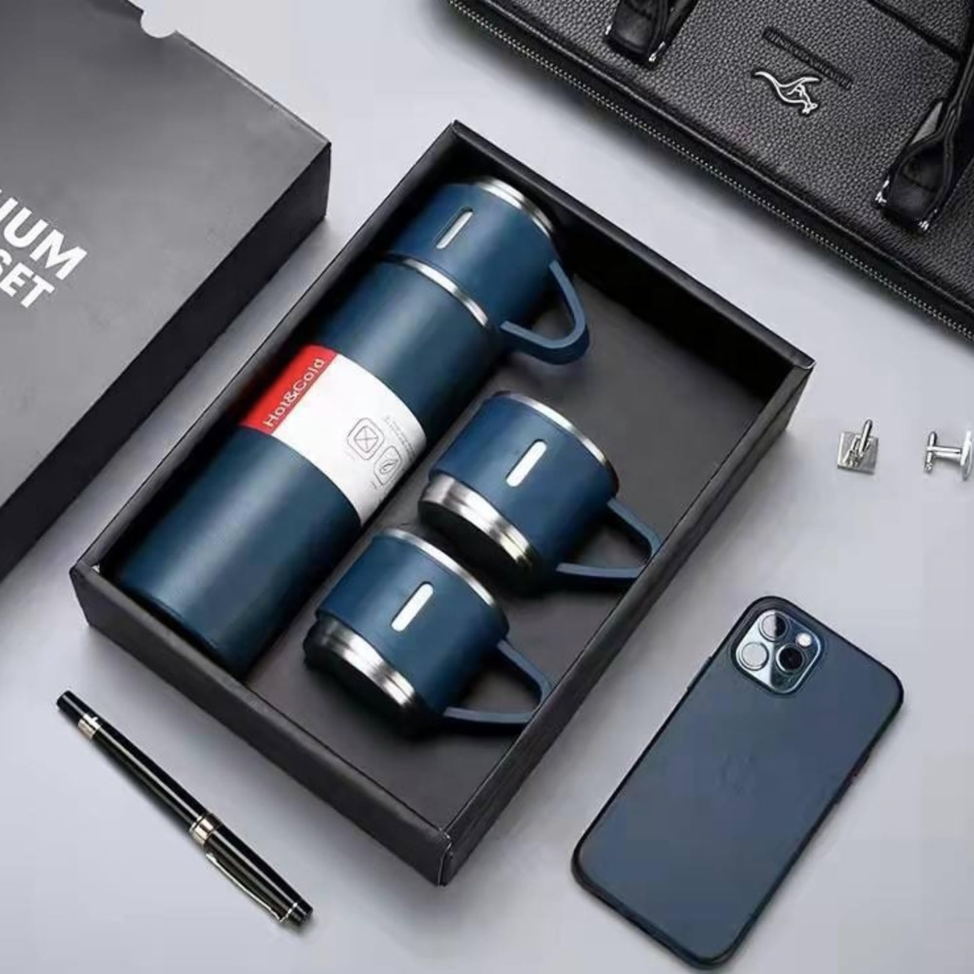 Vacuum Insulated Travel Flask Set Blue