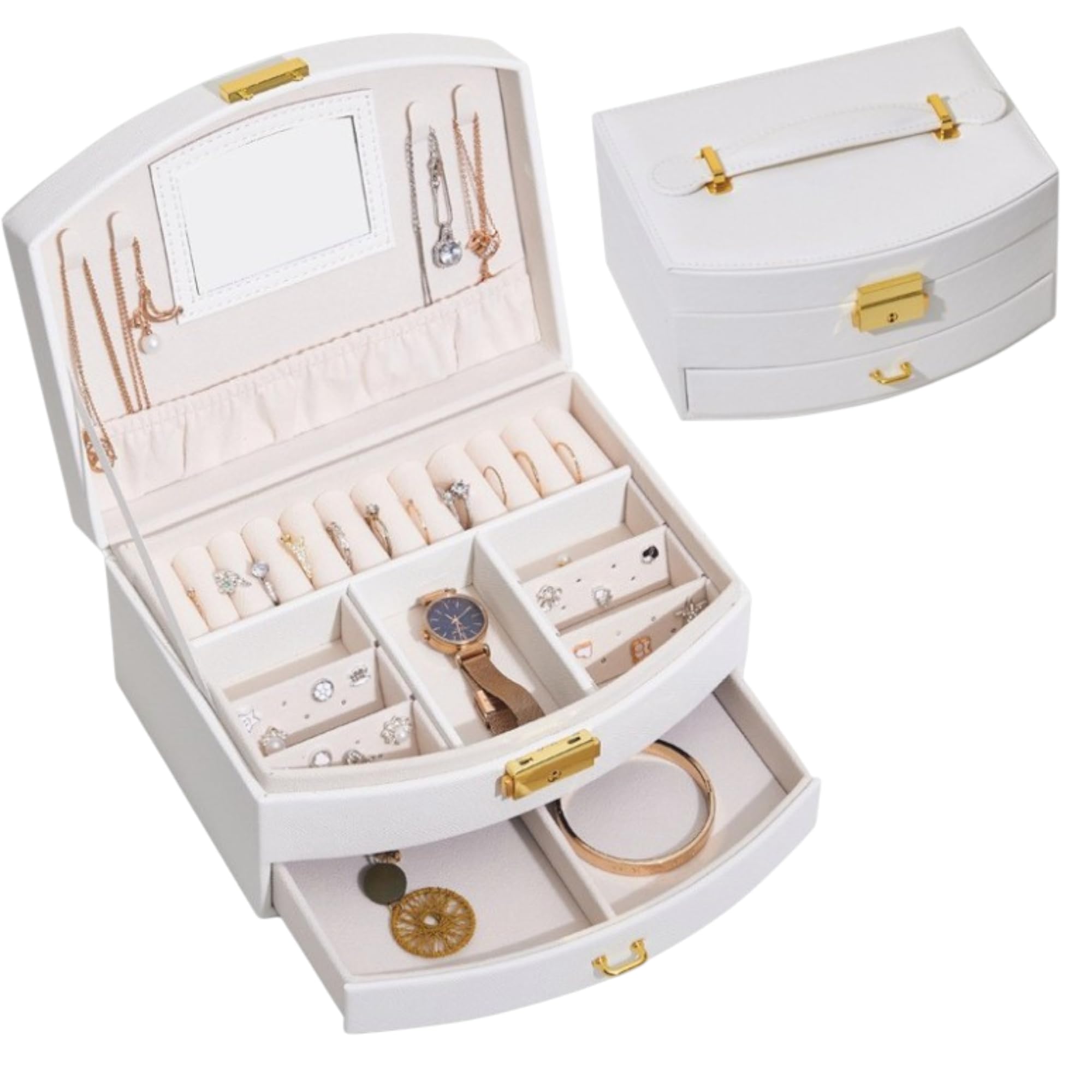 Portable Jewellery Box PU Leather Storage Case with Drawers, White