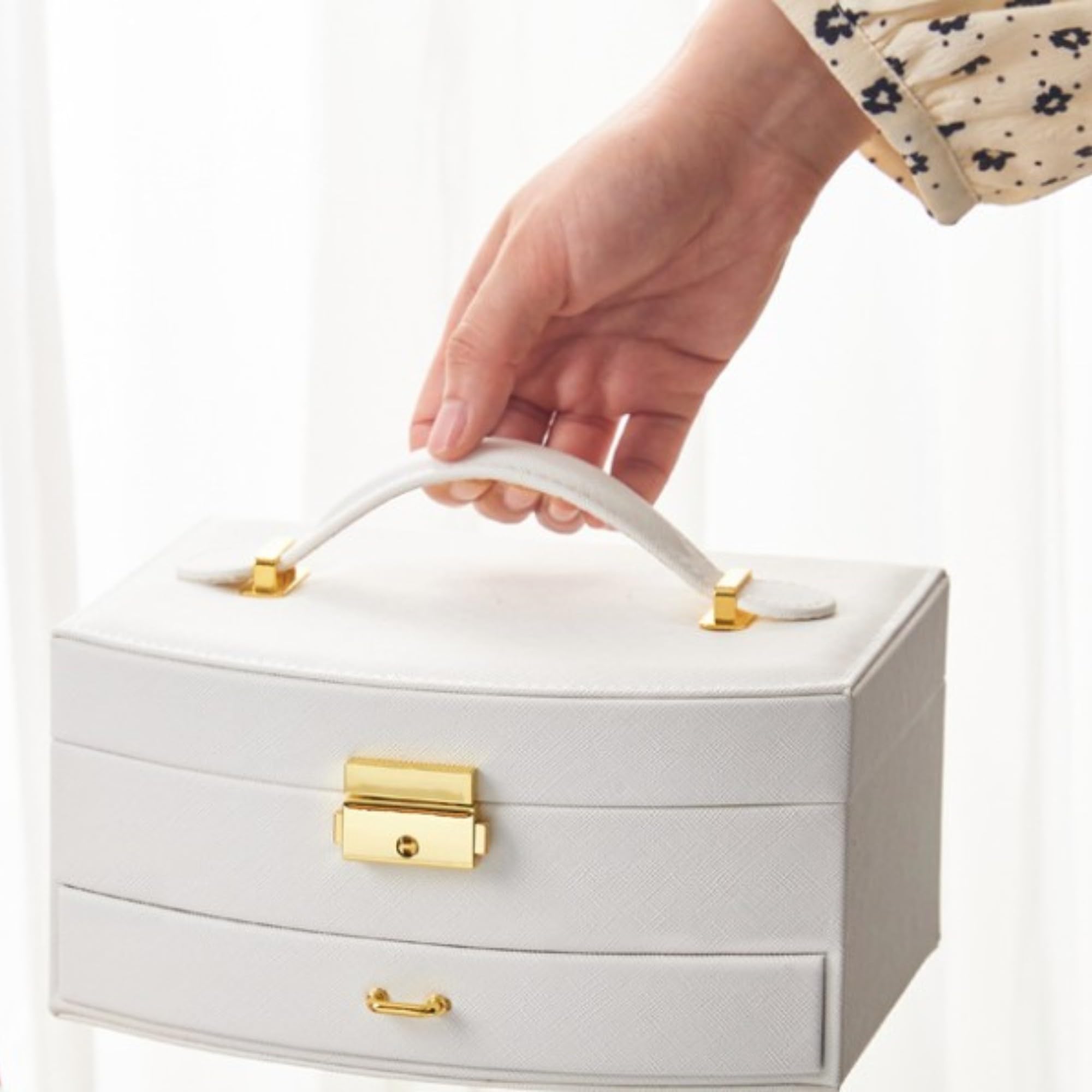 Portable Jewellery Box PU Leather Storage Case with Drawers, White