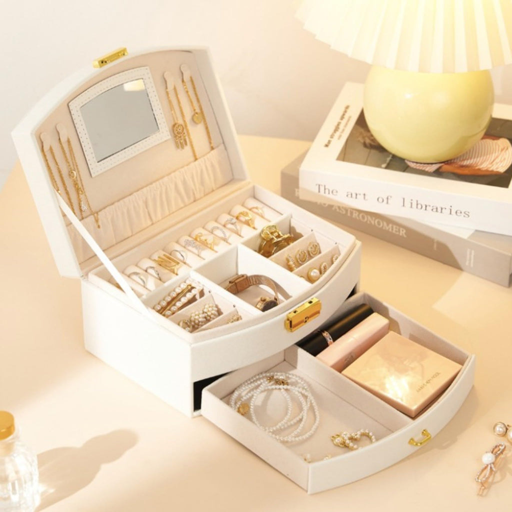 Portable Jewellery Box PU Leather Storage Case with Drawers, White