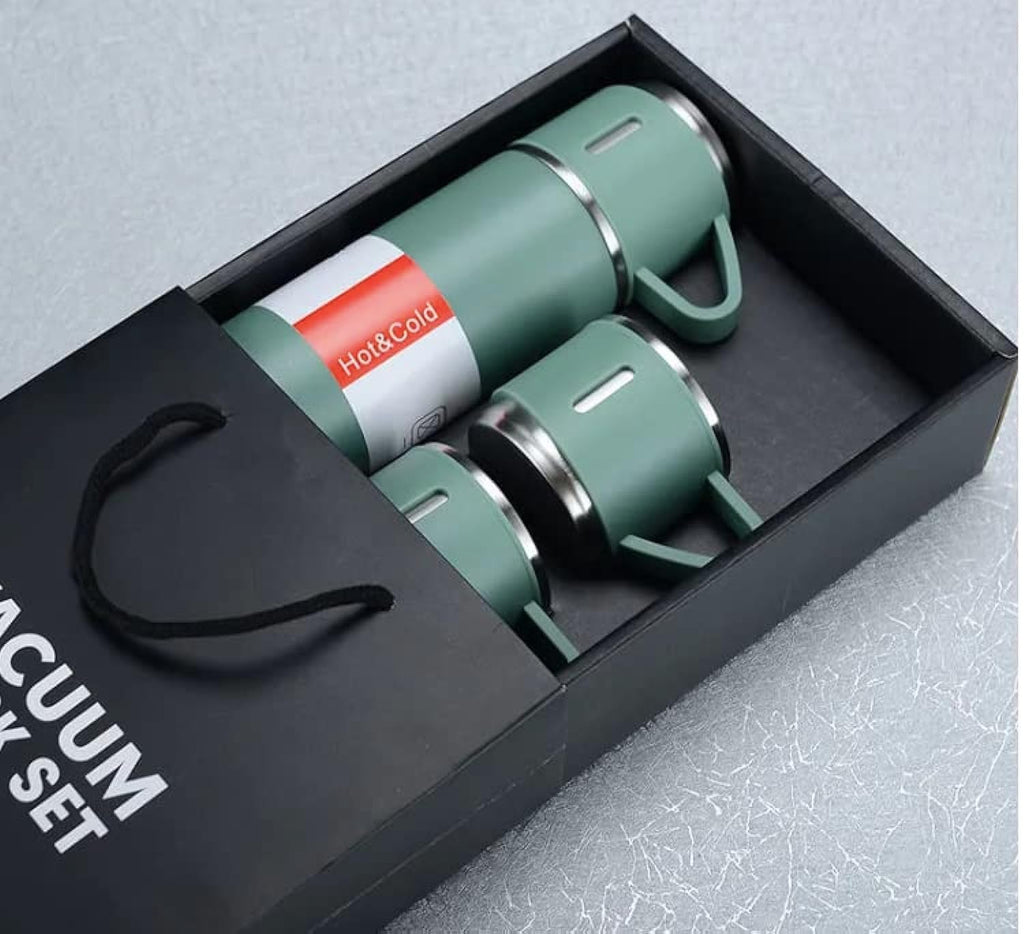 Vacuum Insulated Travel Flask Set with Extra cups Green