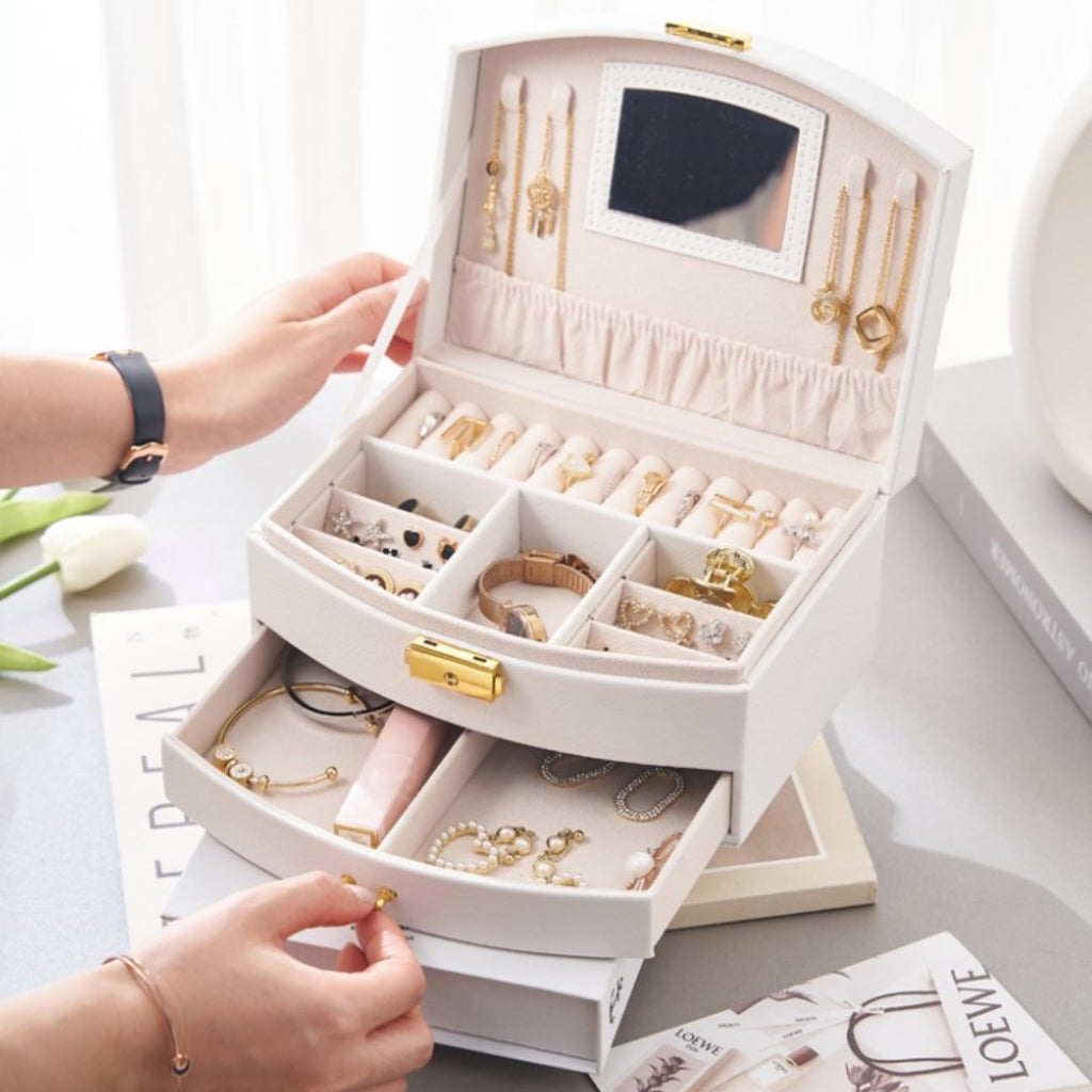 Portable Jewellery Box PU Leather Storage Case with Drawers, White