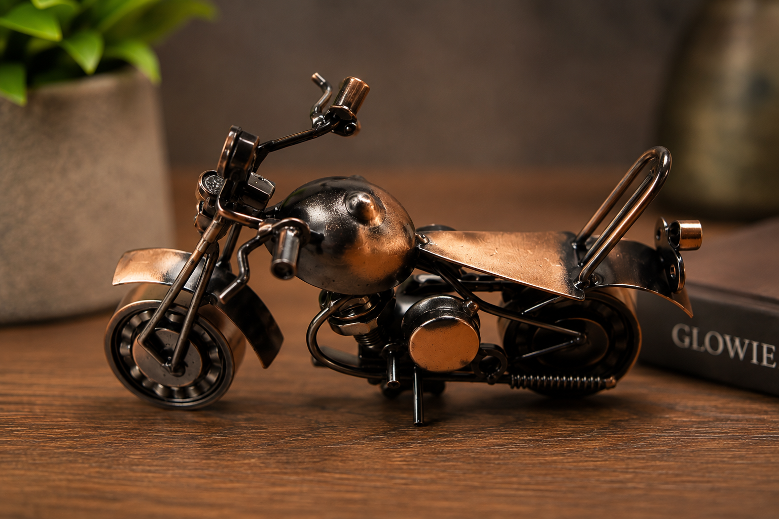 Vintage Metal Motorcycle Sculpture | Handmade Industrial Home Decor Ornament