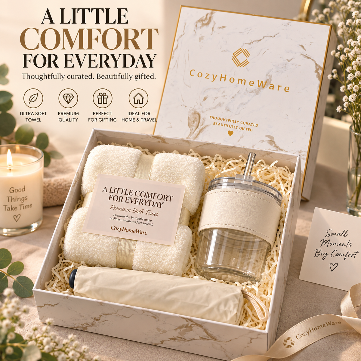 CozyHomeWare Thoughtful Gift Set – 500ml Tumbler, Premium Soft Towel & Compact Umbrella with Luxury Gift Box & Bag