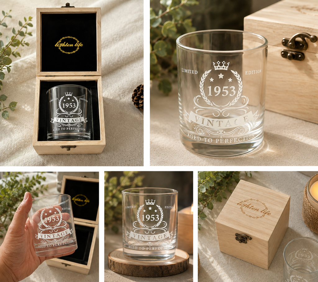 Personalised 1953 Vintage Whiskey Glass with Premium Wooden Gift Box | 72nd Birthday Gift for Men | Engraved Scotch & Bourbon Tumbler