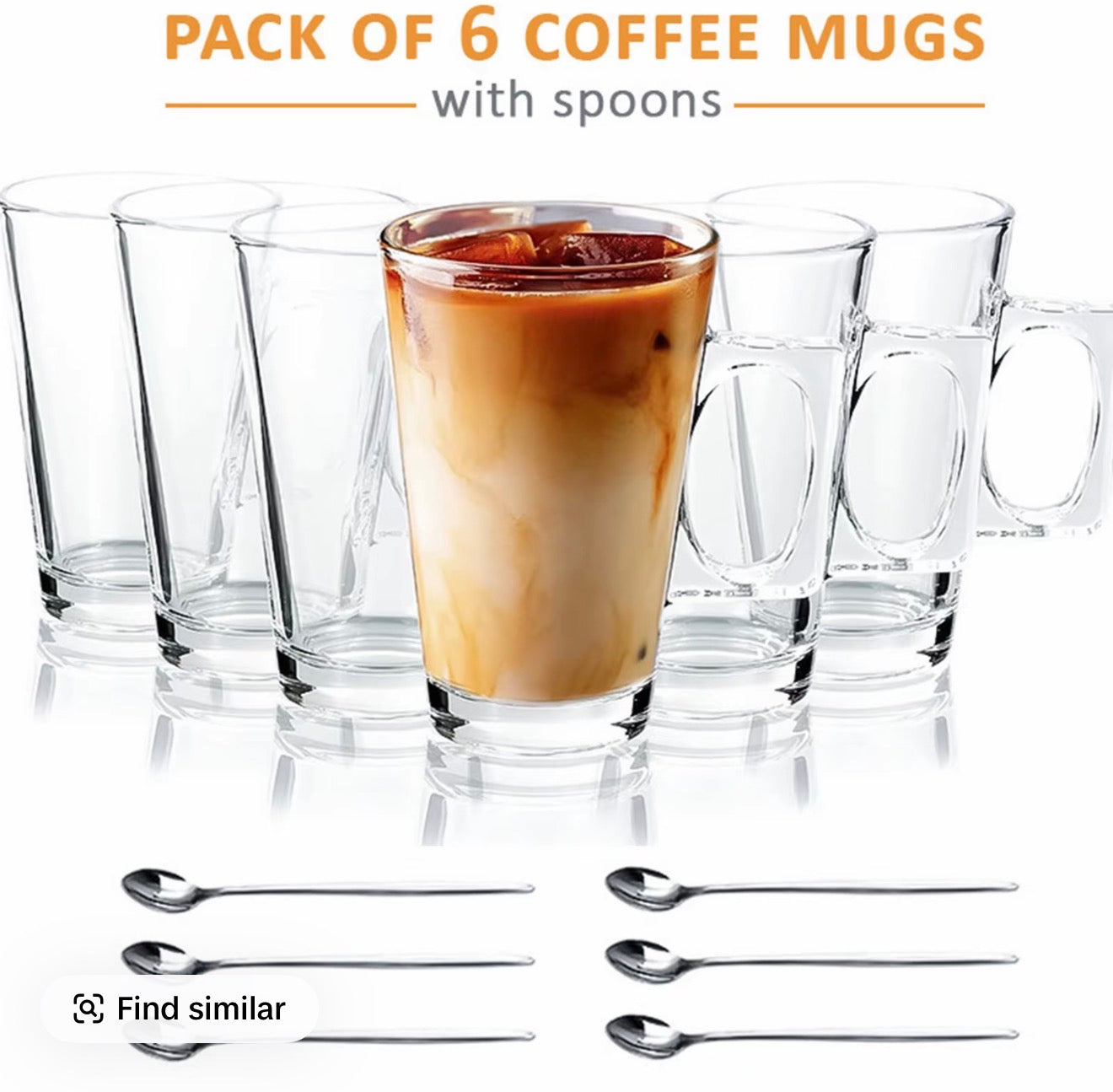 6 Piece Glass Latte Mug Set with Spoons | Premium Clear Coffee Glasses | Modern Tea, Latte & Cappuccino Cups | Dishwasher Safe | CozyHomeWare