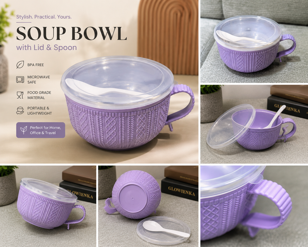 Purple Soup Bowl with Lid & Spoon | Microwave Safe | Portable Food Bowl | CozyHomeWare