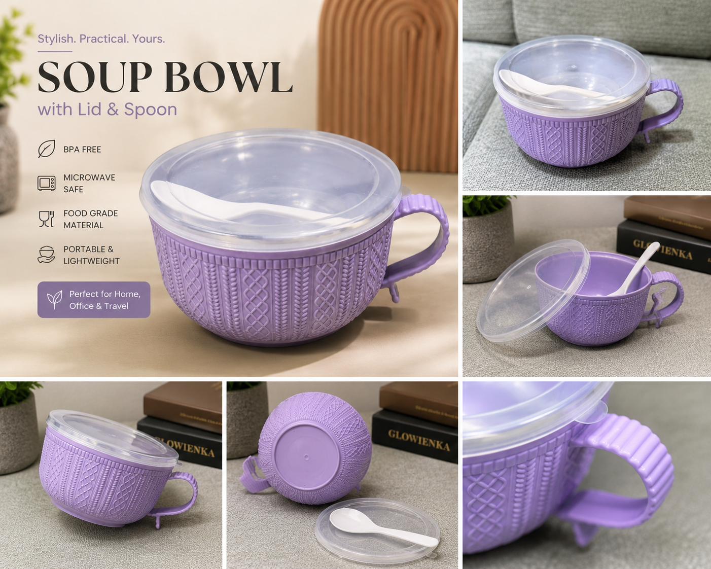 Purple Soup Bowl with Lid & Spoon | Microwave Safe | Portable Food Bowl | CozyHomeWare