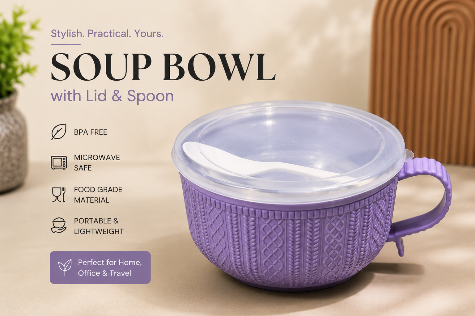 Purple Soup Bowl with Lid & Spoon | Microwave Safe | Portable Food Bowl | CozyHomeWare