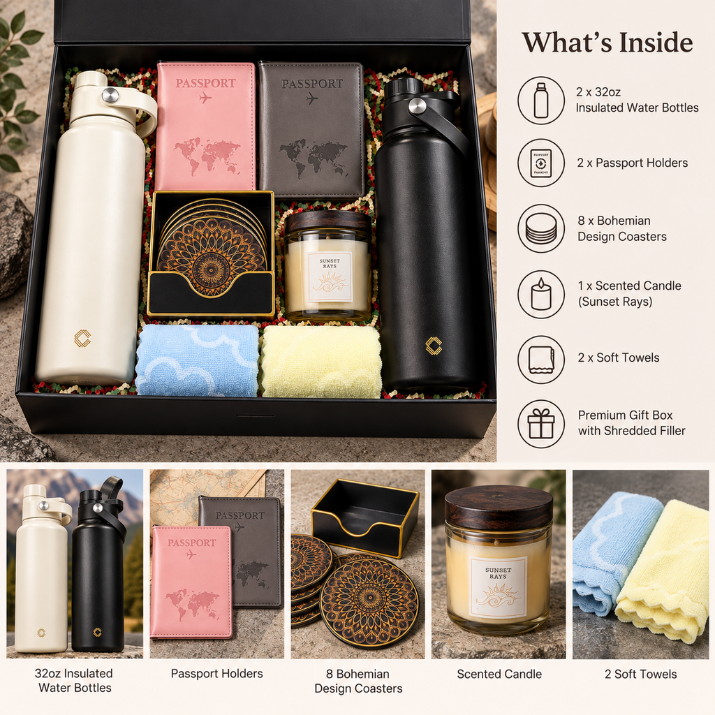 Adventure Together™ Gift Box Includes Flasks, Towels, Candle, Passport Holders and a Premium Magnetic Lid Gift Box