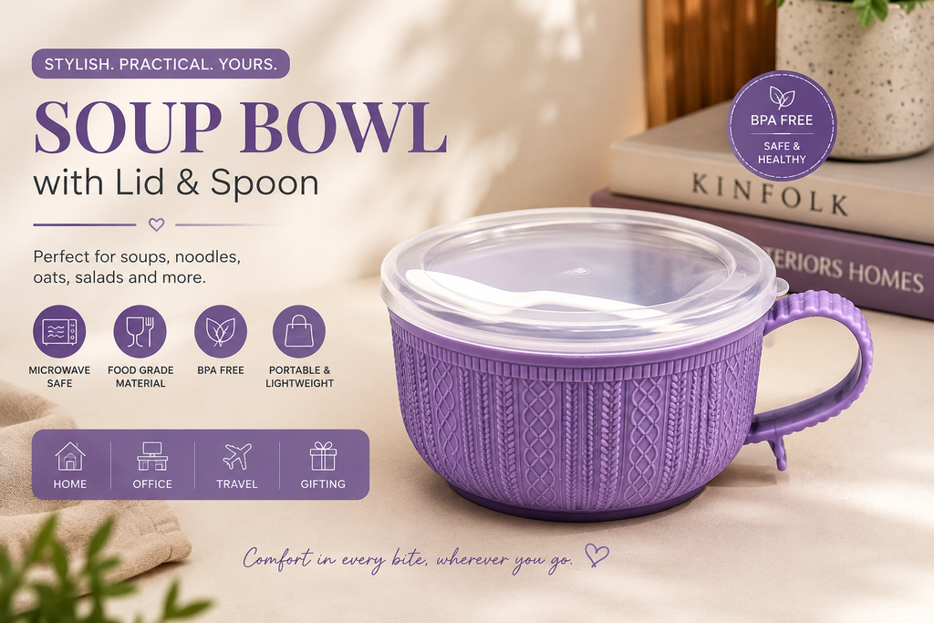 Purple knit-texture soup bowl with lid and spoon, shown on a warm beige tabletop with books in the background. The image includes promotional text, icons, and a circular 'BPA Free' badge.