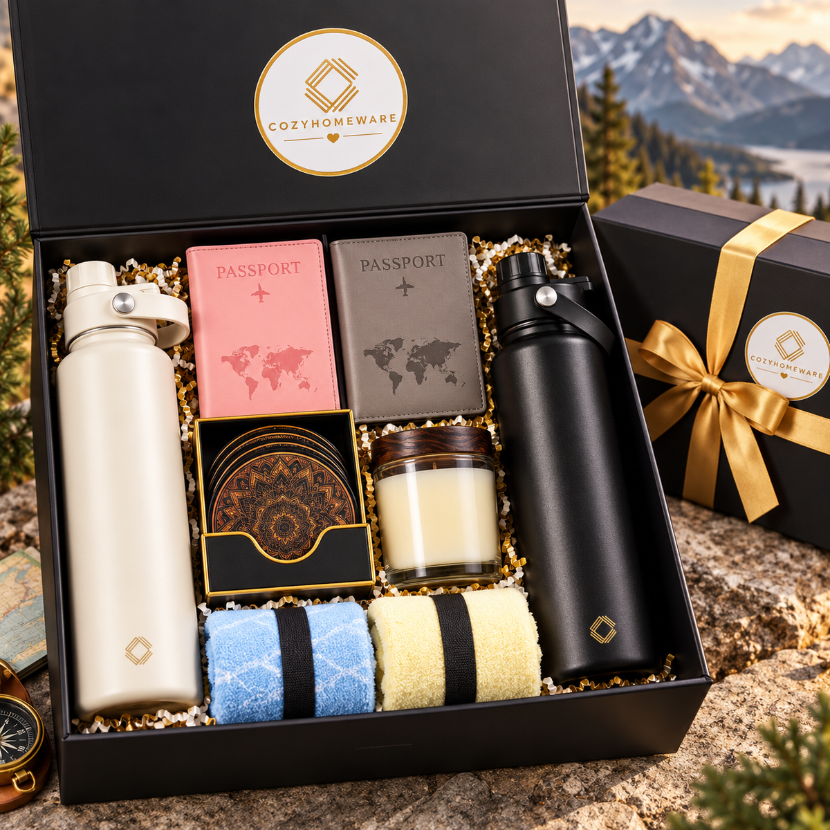 Adventure Together™ Gift Box Includes Flasks, Towels, Candle, Passport Holders and a Premium Magnetic Lid Gift Box