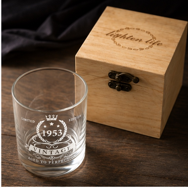 Personalised 1953 Vintage Whiskey Glass with Premium Wooden Gift Box | 72nd Birthday Gift for Men | Engraved Scotch & Bourbon Tumbler