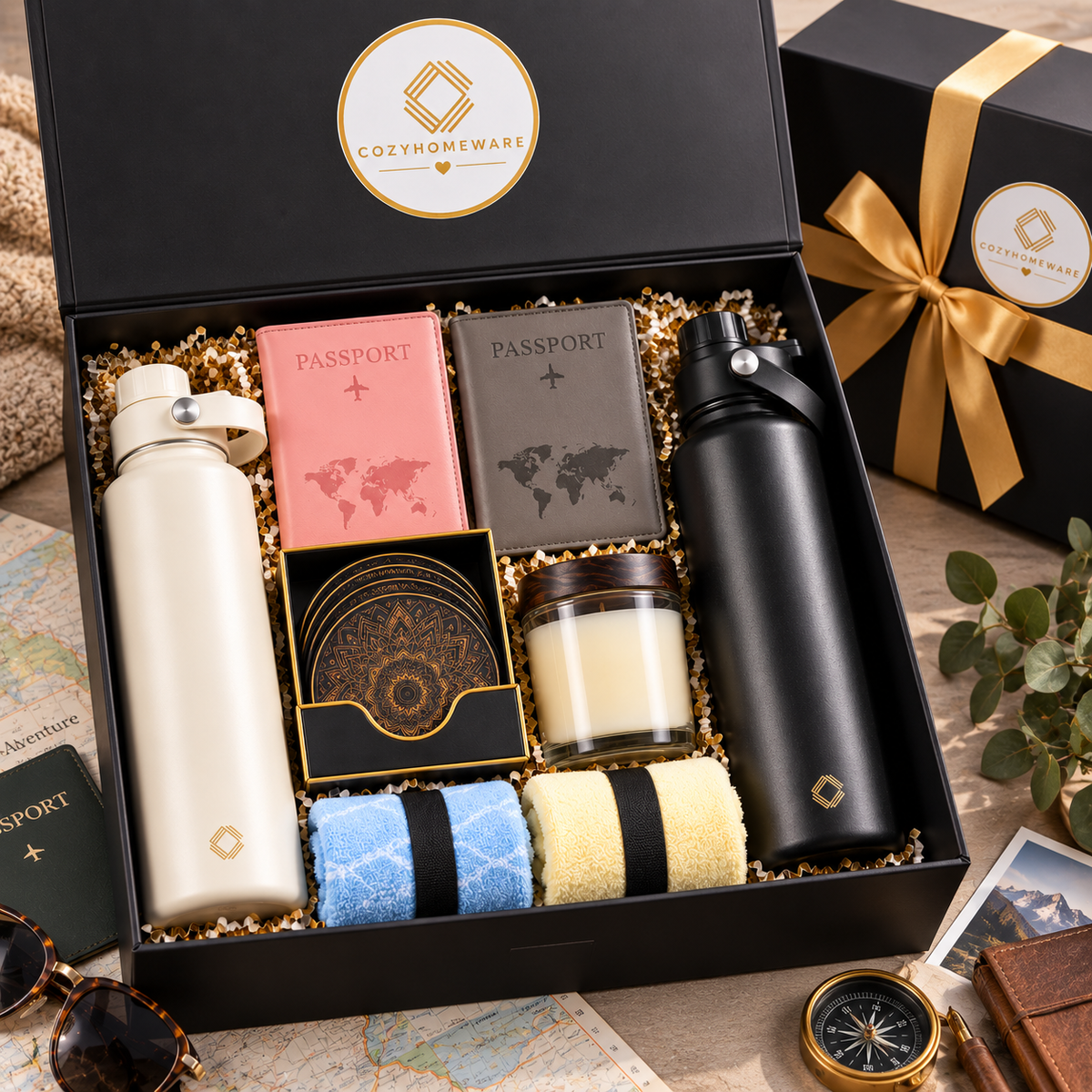 Adventure Together™ Gift Box Includes Flasks, Towels, Candle, Passport Holders and a Premium Magnetic Lid Gift Box