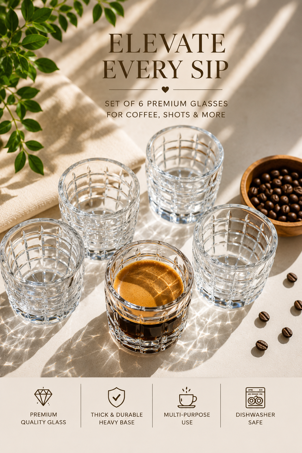 Premium Espresso Shot Glasses Set of 6 – 65ml Crystal Clear Glass Cups for Espresso, Turkish Coffee & Liqueurs