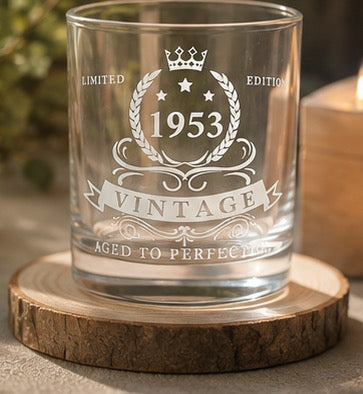 Personalised 1953 Vintage Whiskey Glass with Premium Wooden Gift Box | 72nd Birthday Gift for Men | Engraved Scotch & Bourbon Tumbler