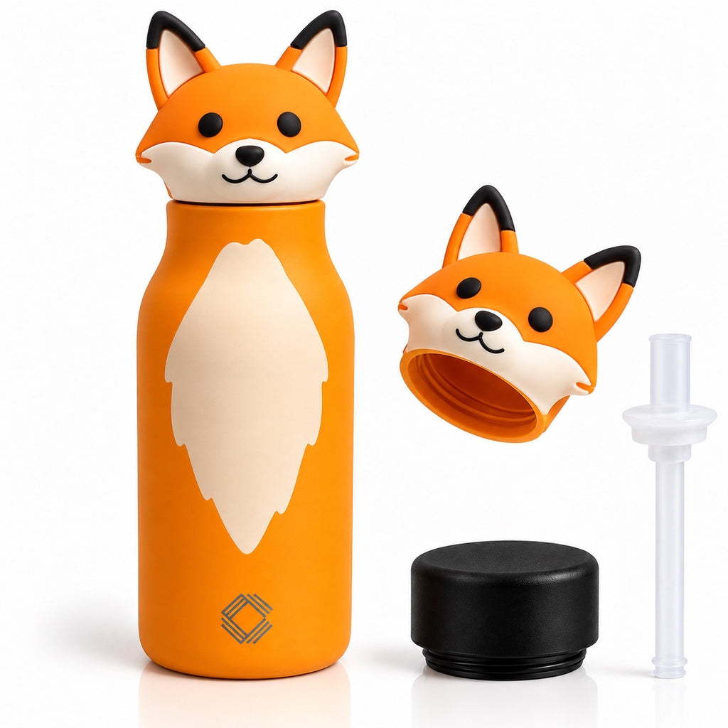 Cute Animal Kids Water Bottle 500ml | Stainless Steel Drinking Bottle with 3D Animal Head Cap