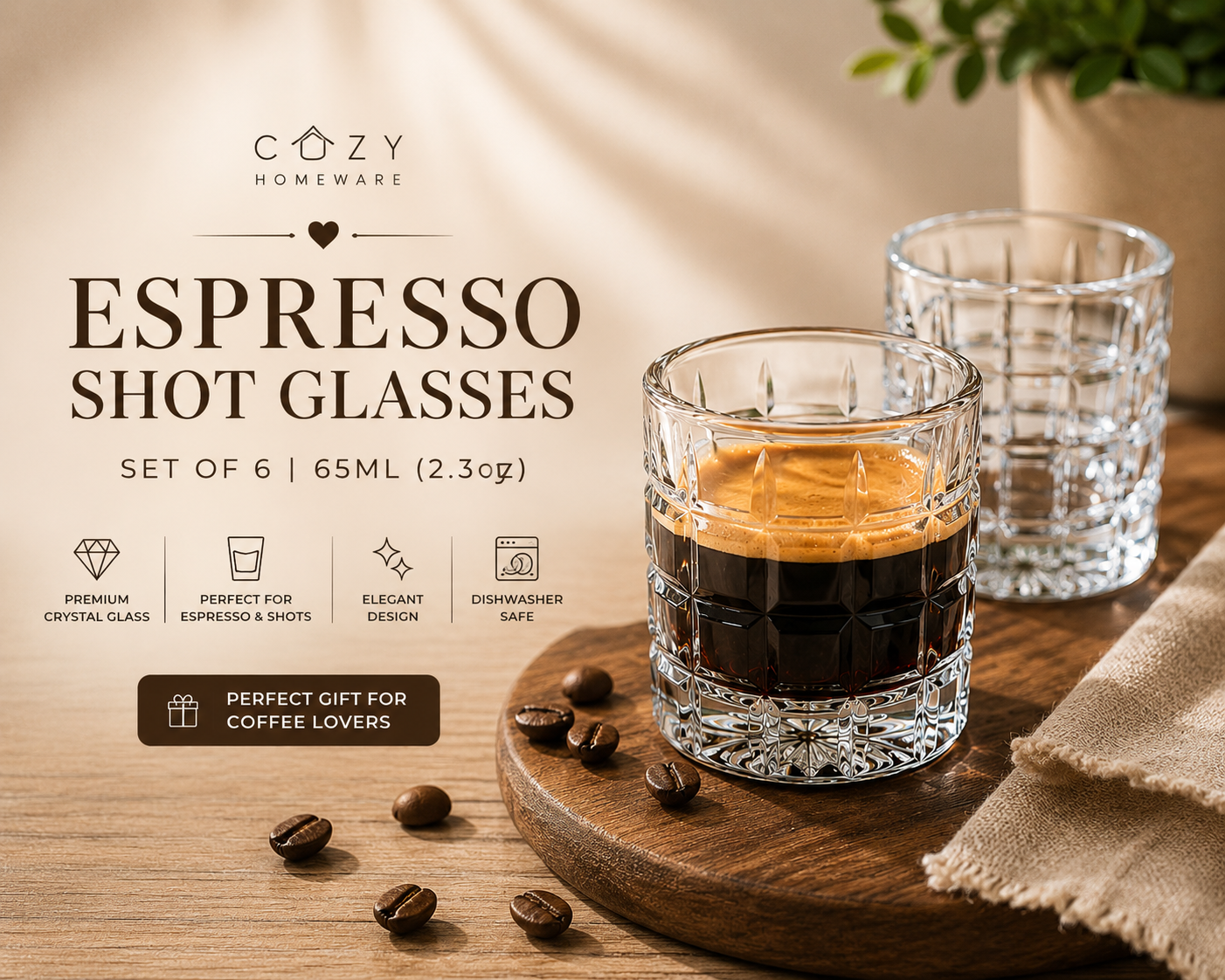 Premium Espresso Shot Glasses Set of 6 – 65ml Crystal Clear Glass Cups for Espresso, Turkish Coffee & Liqueurs