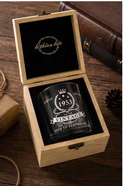 Personalised 1953 Vintage Whiskey Glass with Premium Wooden Gift Box | 72nd Birthday Gift for Men | Engraved Scotch & Bourbon Tumbler
