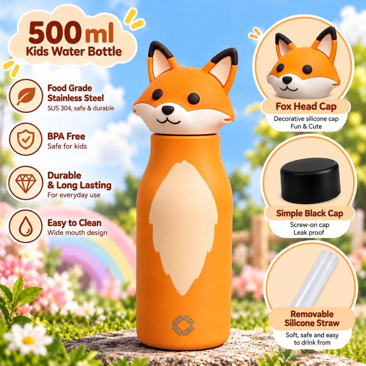 Cute Animal Kids Water Bottle 500ml | Stainless Steel Drinking Bottle with 3D Animal Head Cap