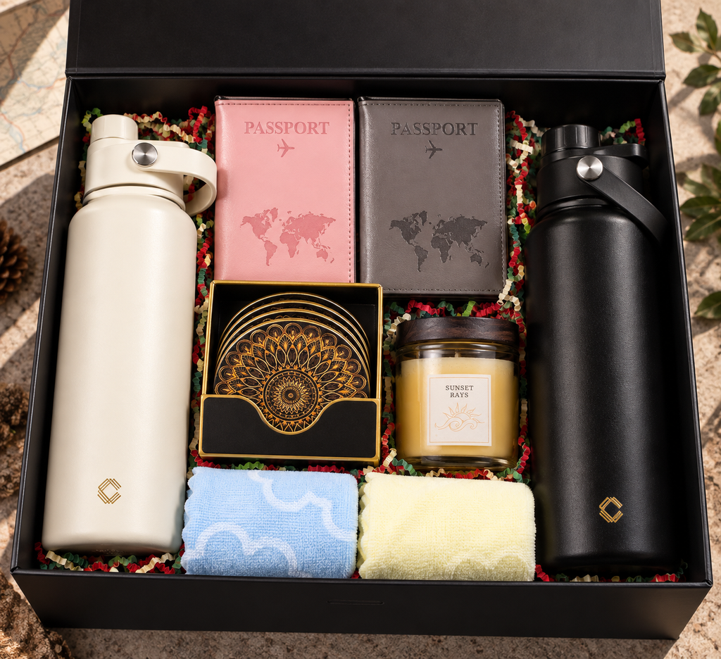 Adventure Together™ Gift Box Includes Flasks, Towels, Candle, Passport Holders and a Premium Magnetic Lid Gift Box