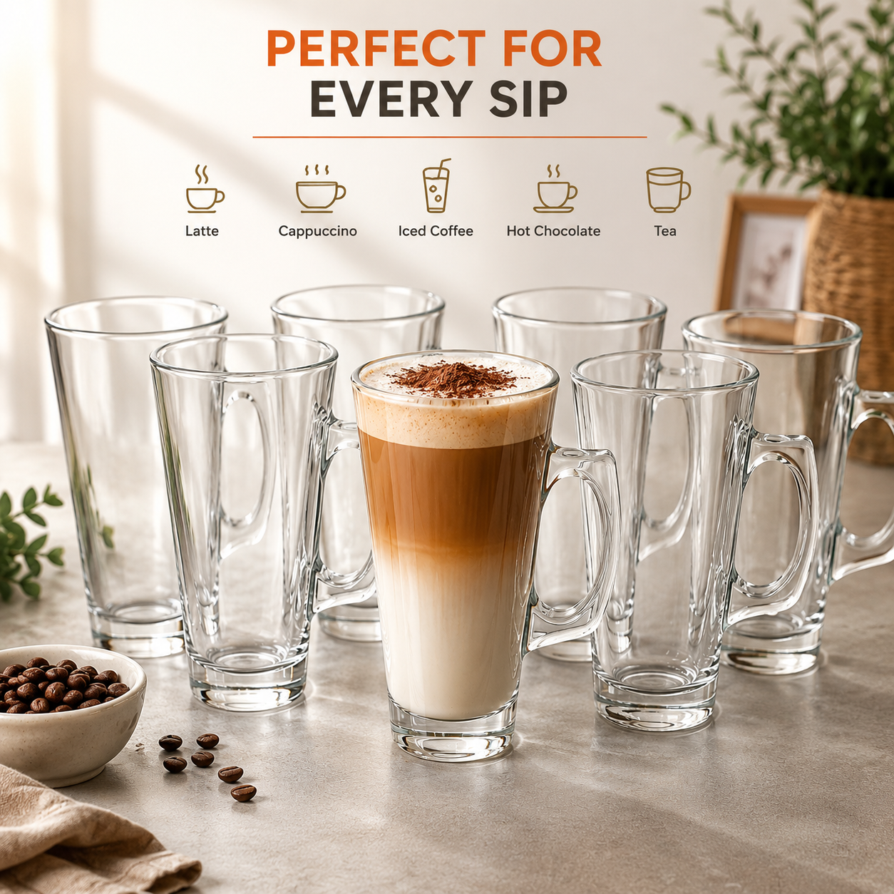 6 Piece Glass Latte Mug Set with Spoons | Premium Clear Coffee Glasses | Modern Tea, Latte & Cappuccino Cups | Dishwasher Safe | CozyHomeWare