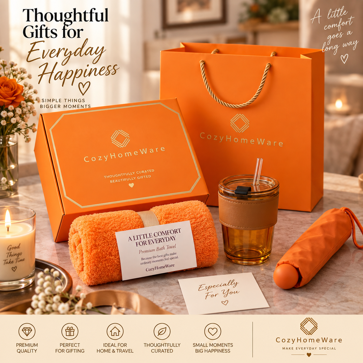Luxury Cozy Gift Set with Towel, Glass Tumbler & Mini Umbrella | Premium Gift Box + Gift Bag | Birthday & Christmas Gift
