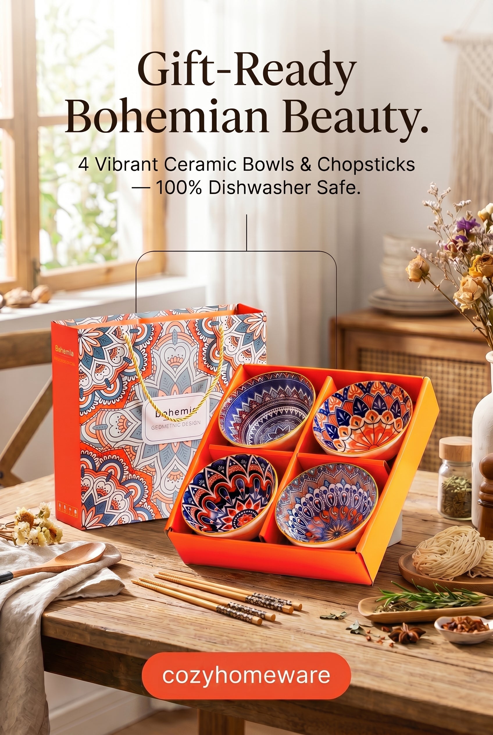 Bohemian Ceramic Ramen Bowl Gift Set – 4 Patterned Bowls, 4 Chopsticks, Dishwasher Safe Tableware Set
