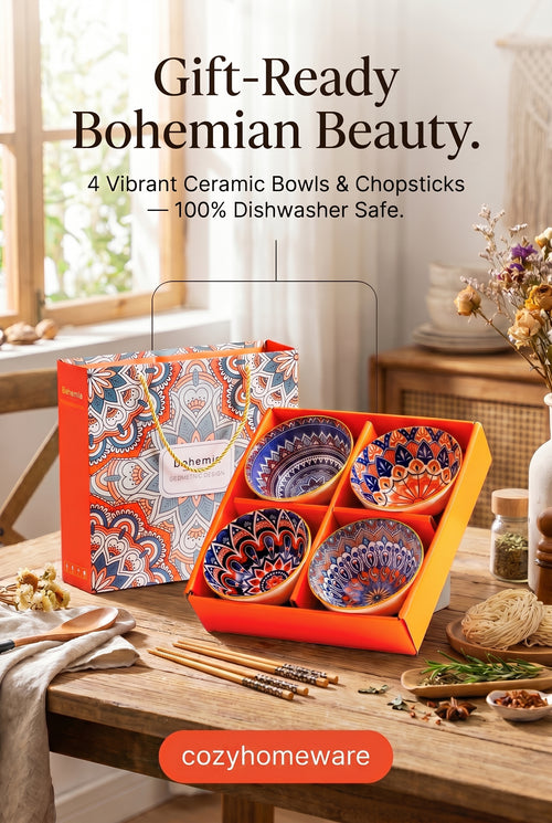 Bohemian Ceramic Ramen Bowl Gift Set – 4 Patterned Bowls, 4 Chopsticks, Dishwasher Safe Tableware Set